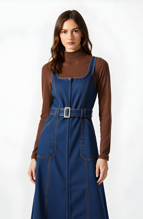 Modenaire Denim Midi Dress With Belt And Zip Front In Blue