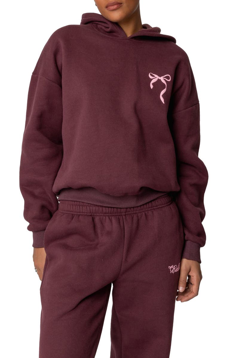EDIKTED Sasha Bow Detail Hoodie, Main, color, Burgundy