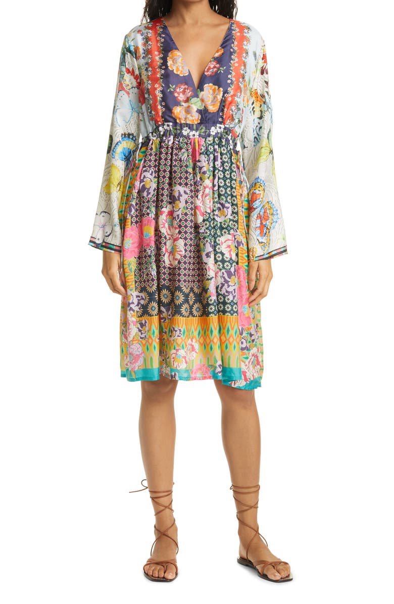 Johnny Was Mixed Print Long Sleeve Silk Babydoll Dress, Main, color,