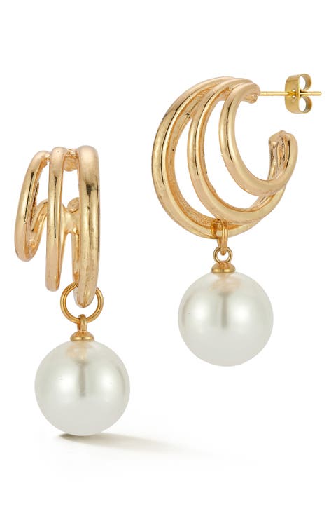 Faux Pearl Drop Triple Cage Hoop Earrings