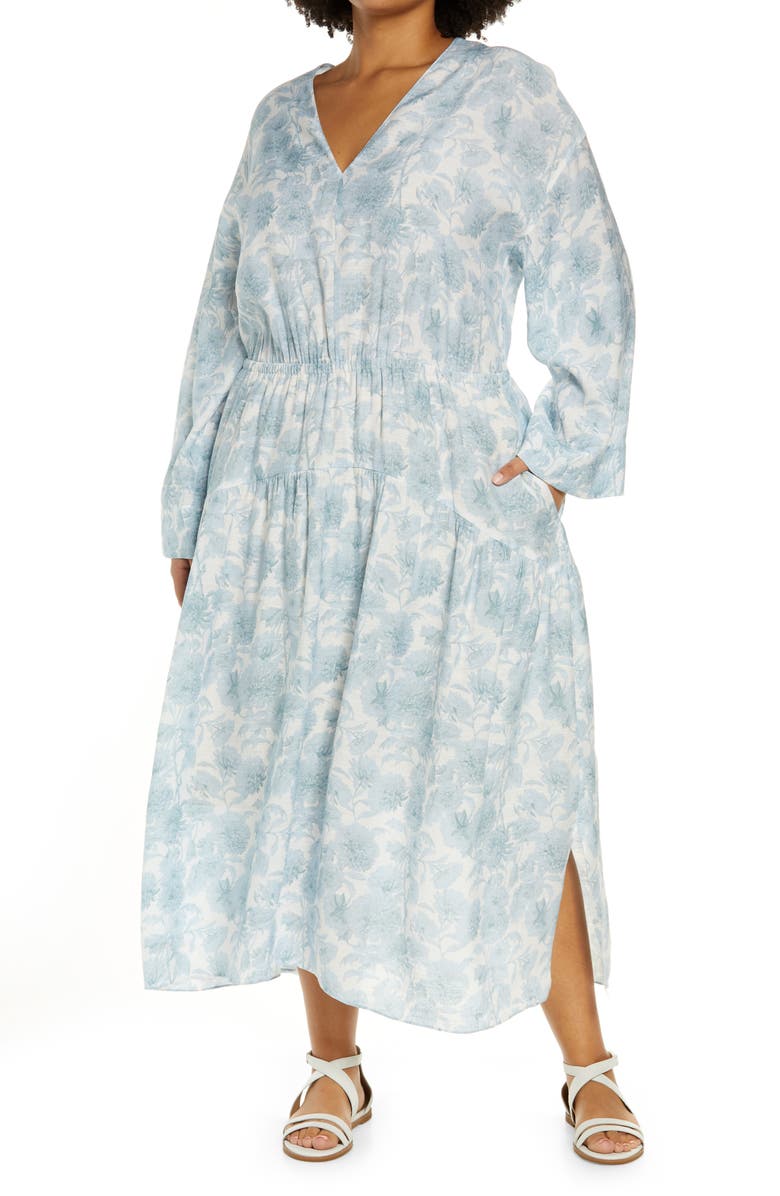 Vince Dahlia Print Long Sleeve Midi Dress, Main, color, Off White