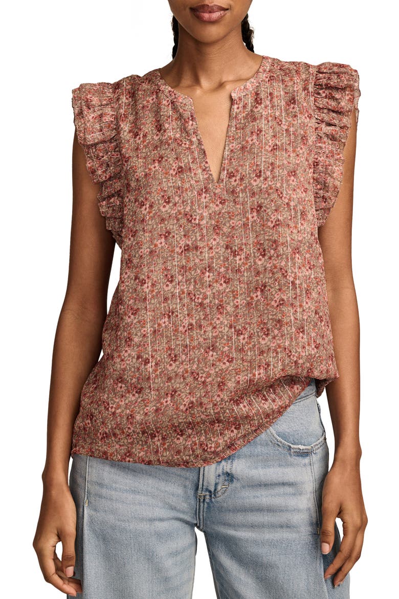 Split Neck Ruffle Sleeve Top, Main, color, PINK FLORAL