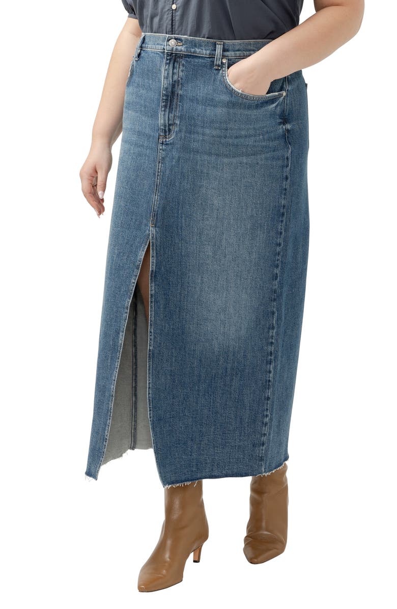 Silver Jeans Co. Raw Hem Denim Maxi Skirt, Alternate, color, Indigo