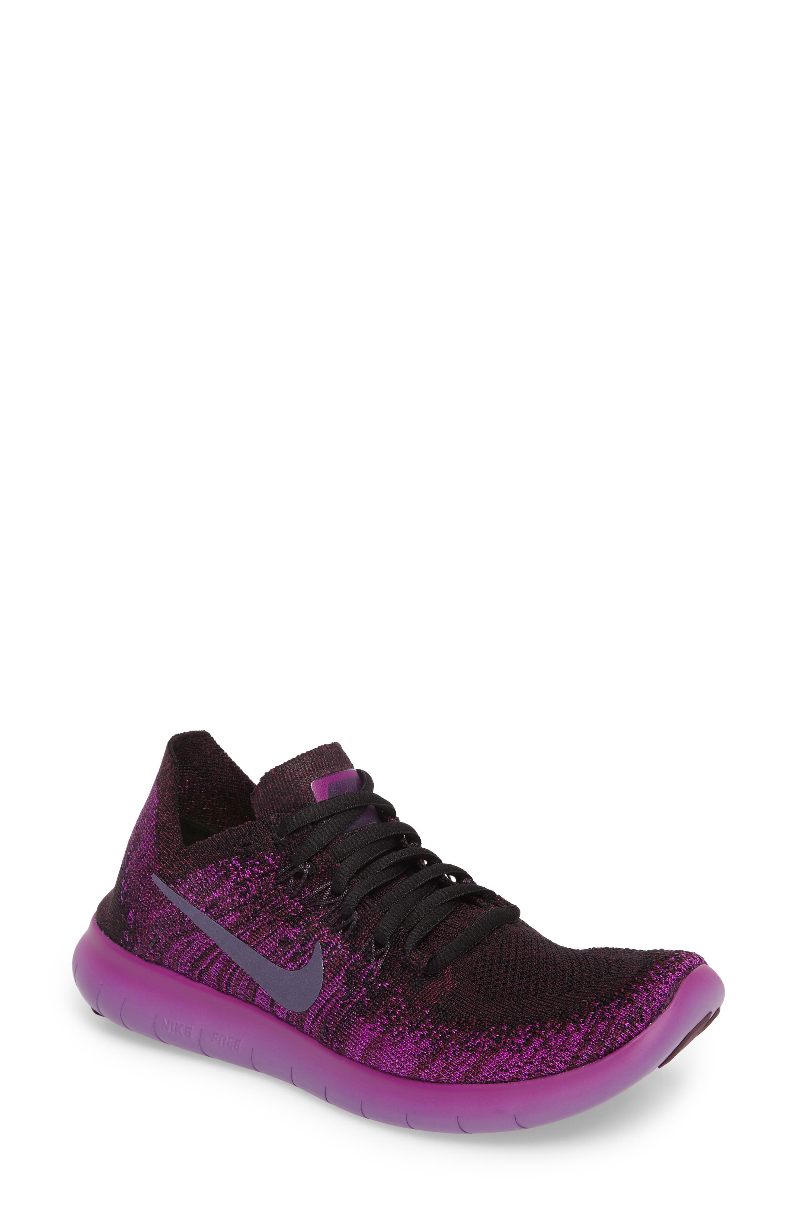 Free Run Flyknit 2 Running Shoe, Main, color, BLACK/ RAISIN/ PINK