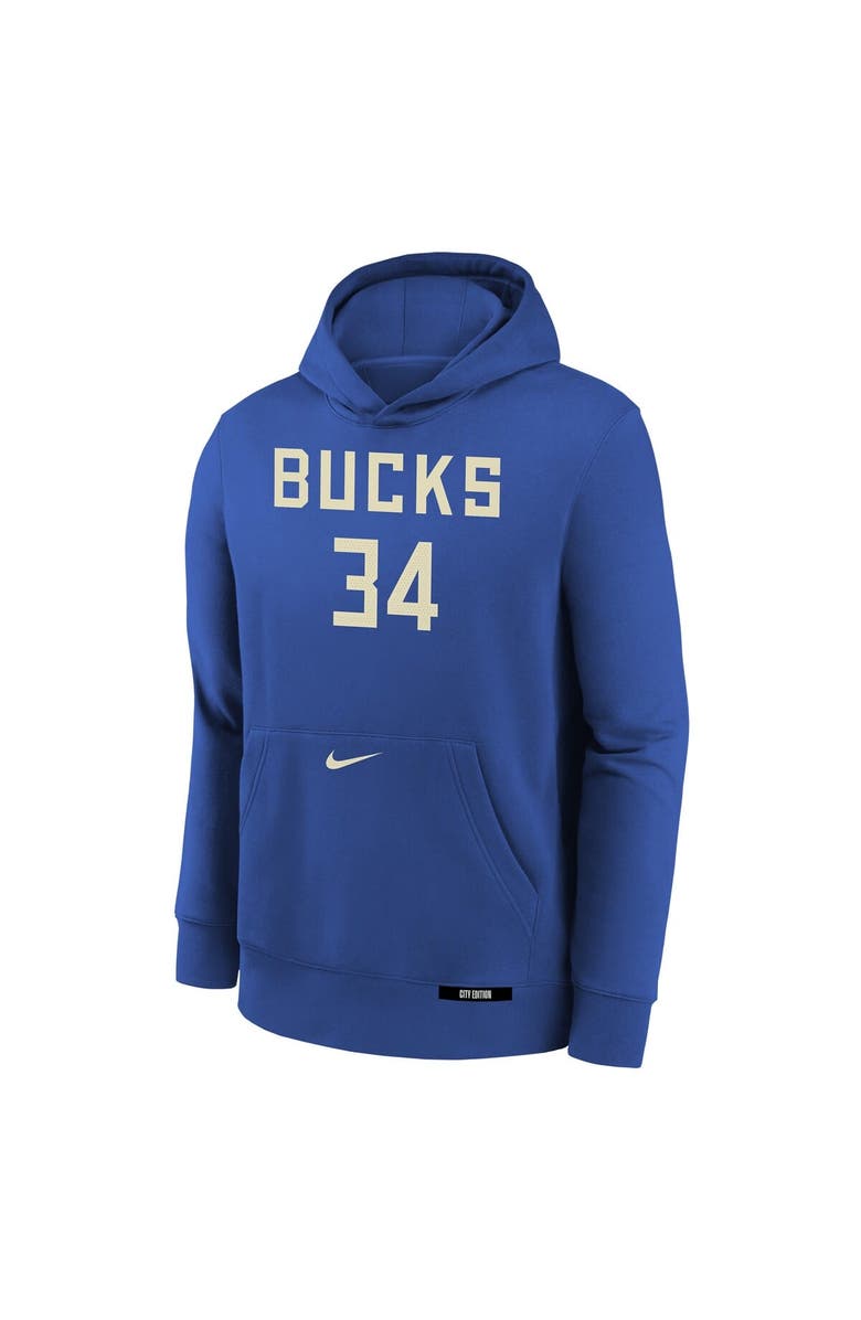 Nike Youth Nike Giannis Antetokounmpo Royal Milwaukee Bucks 2024/25 City Edition Name & Number Pullover Hoodie, Alternate, color, Royal