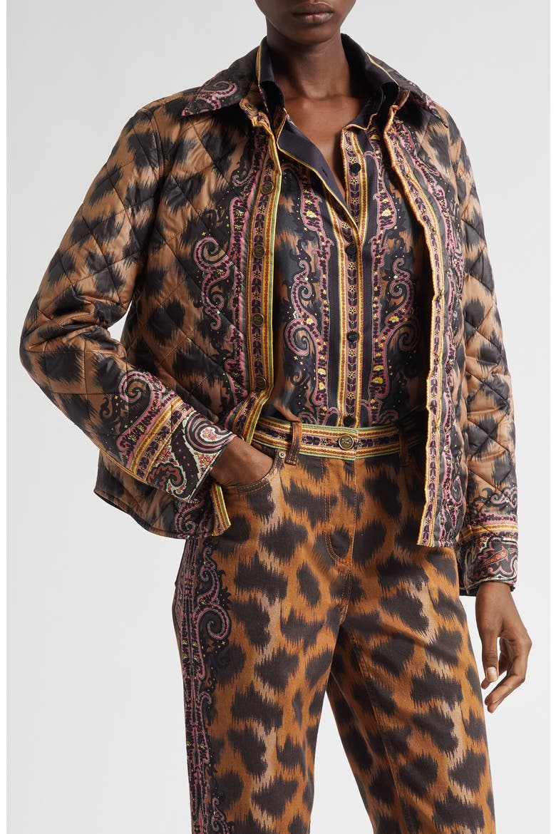 Print Quilted Down Jacket, Main, color, DARK BROWN