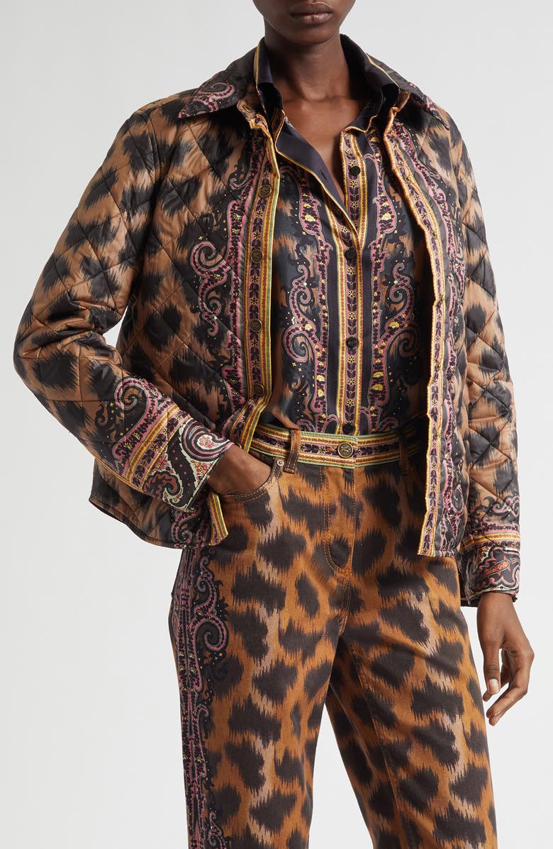 Etro Print Quilted Down Jacket, Main, color, Dark Brown