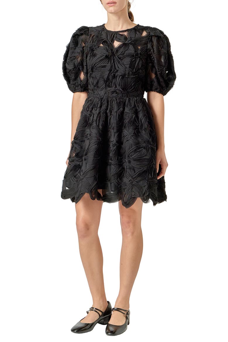 Flower Detail Puff Sleeve Dress, Alternate, color, BLACK