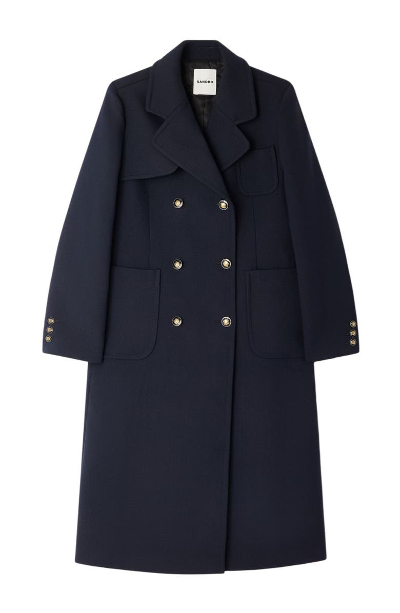 SANDRO Structured long double-breasted coat, Alternate, color, Navy Blue