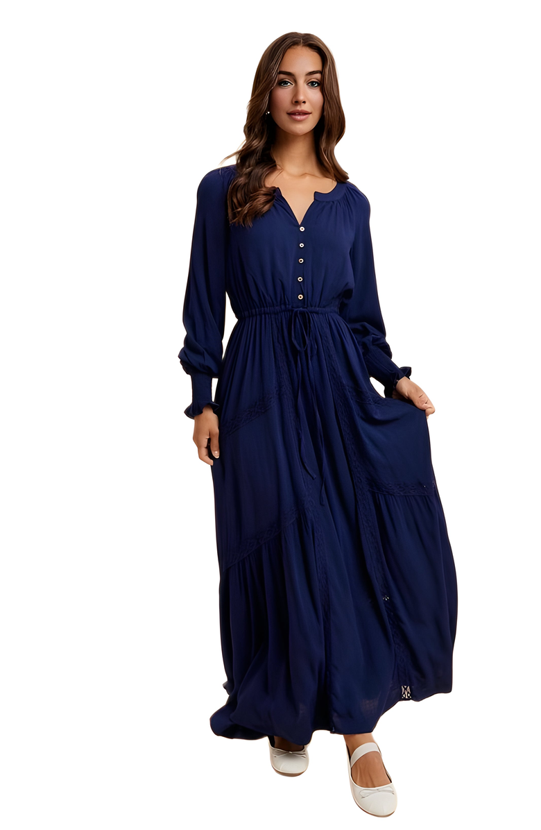 Knit and Lounge Long Sleeve Maxi Dress with Button Detail and Tie Waist, Alternate, color, 