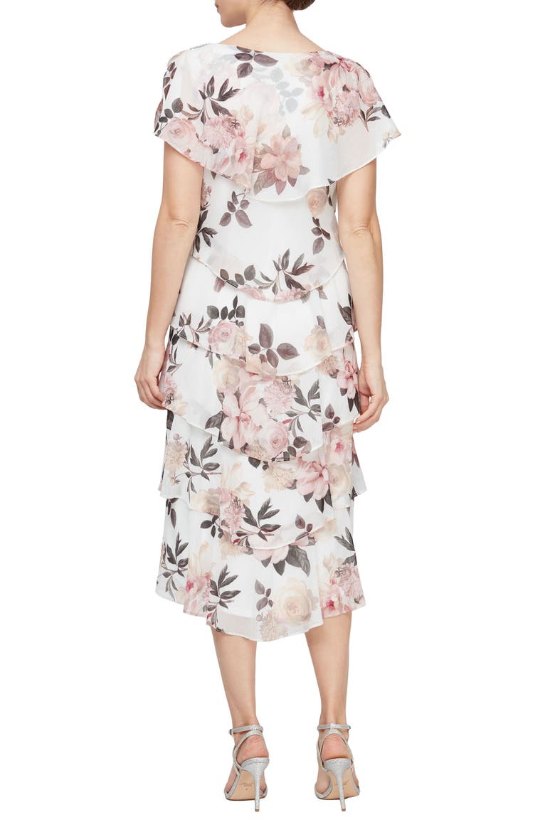 Floral Tiered Cocktail Midi Dress, Alternate, color, IVORY/PINK