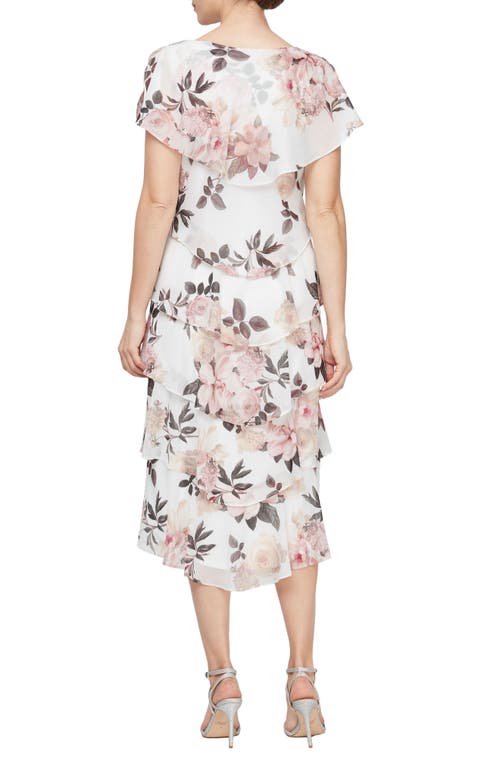 Shop Sl Fashions Floral Tiered Cocktail Midi Dress In Ivory/pink