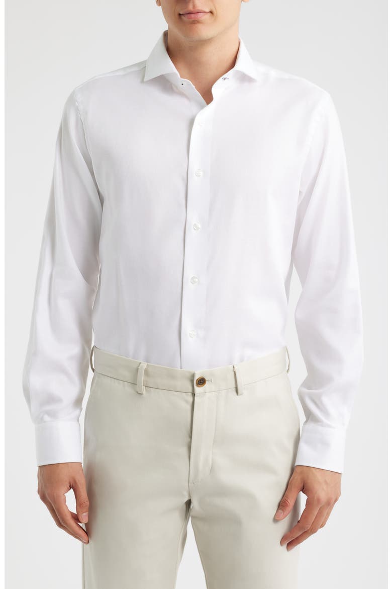 Trim Fit White Cotton Herringbone Dress Shirt, Main, color, WHITE