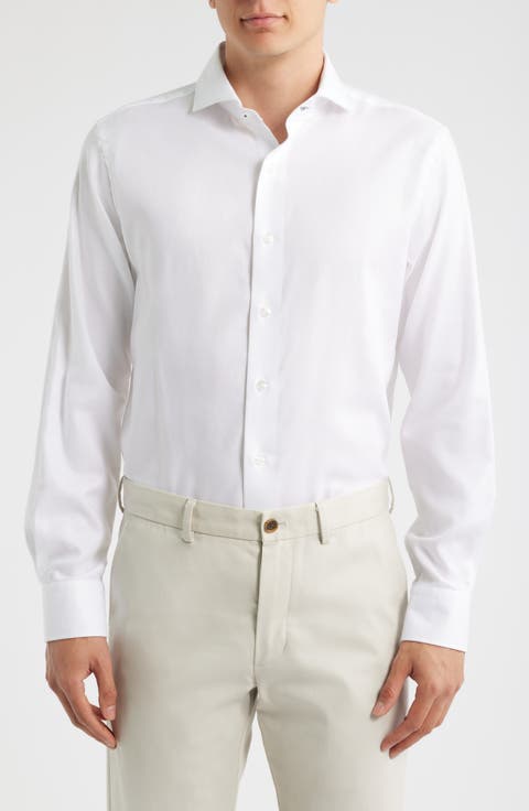 Trim Fit White Cotton Herringbone Dress Shirt (Regular, Big & Tall)