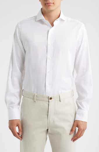 Trim Fit White Cotton Herringbone Dress Shirt