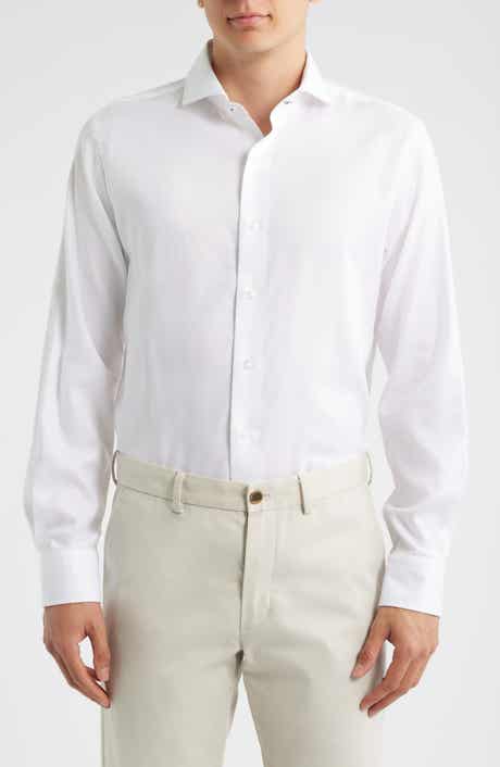 Trim Fit White Cotton Herringbone Dress Shirt