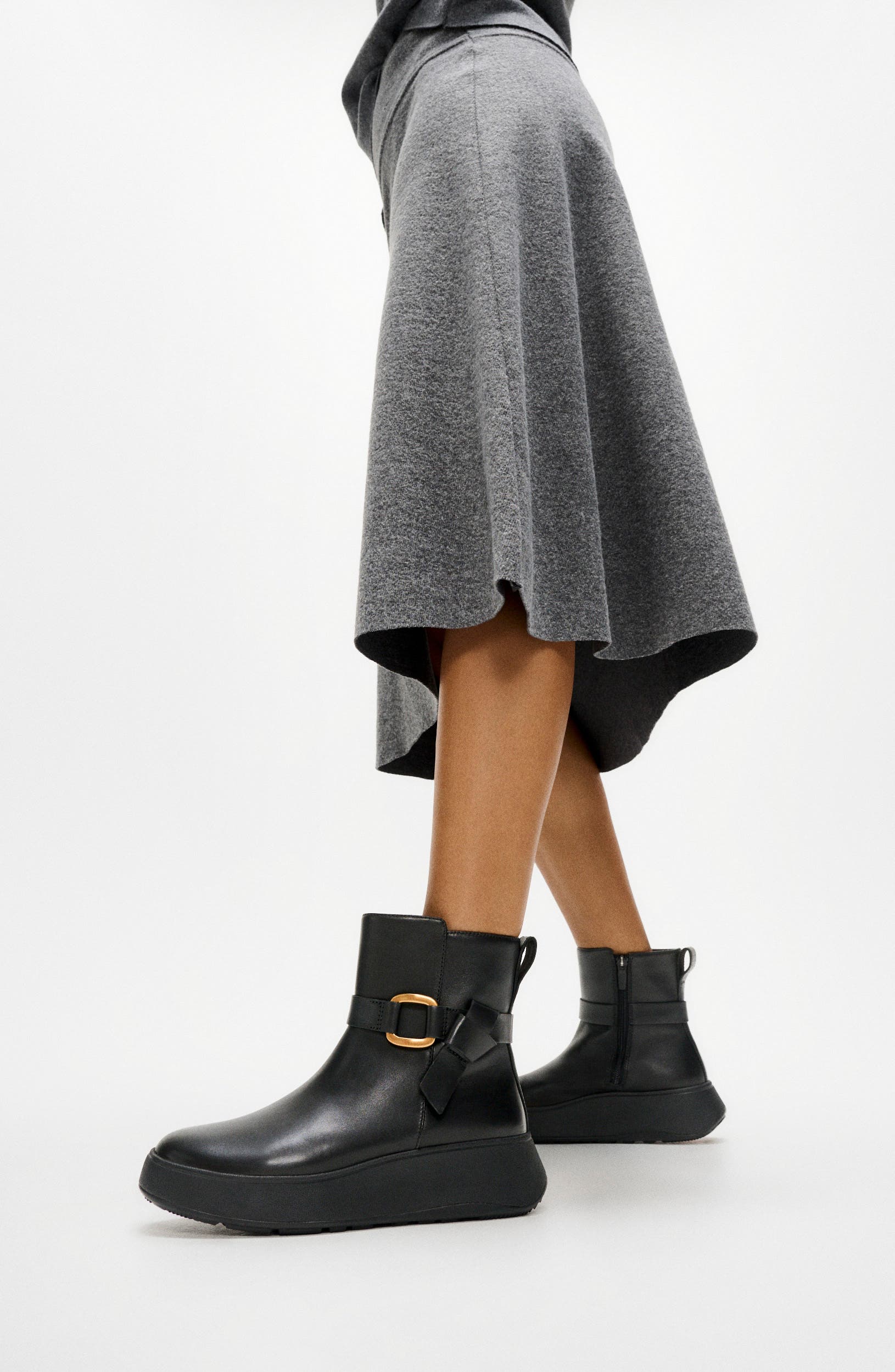 F-Mode Square-Ring Leather Bootie, Alternate, color, BLACK