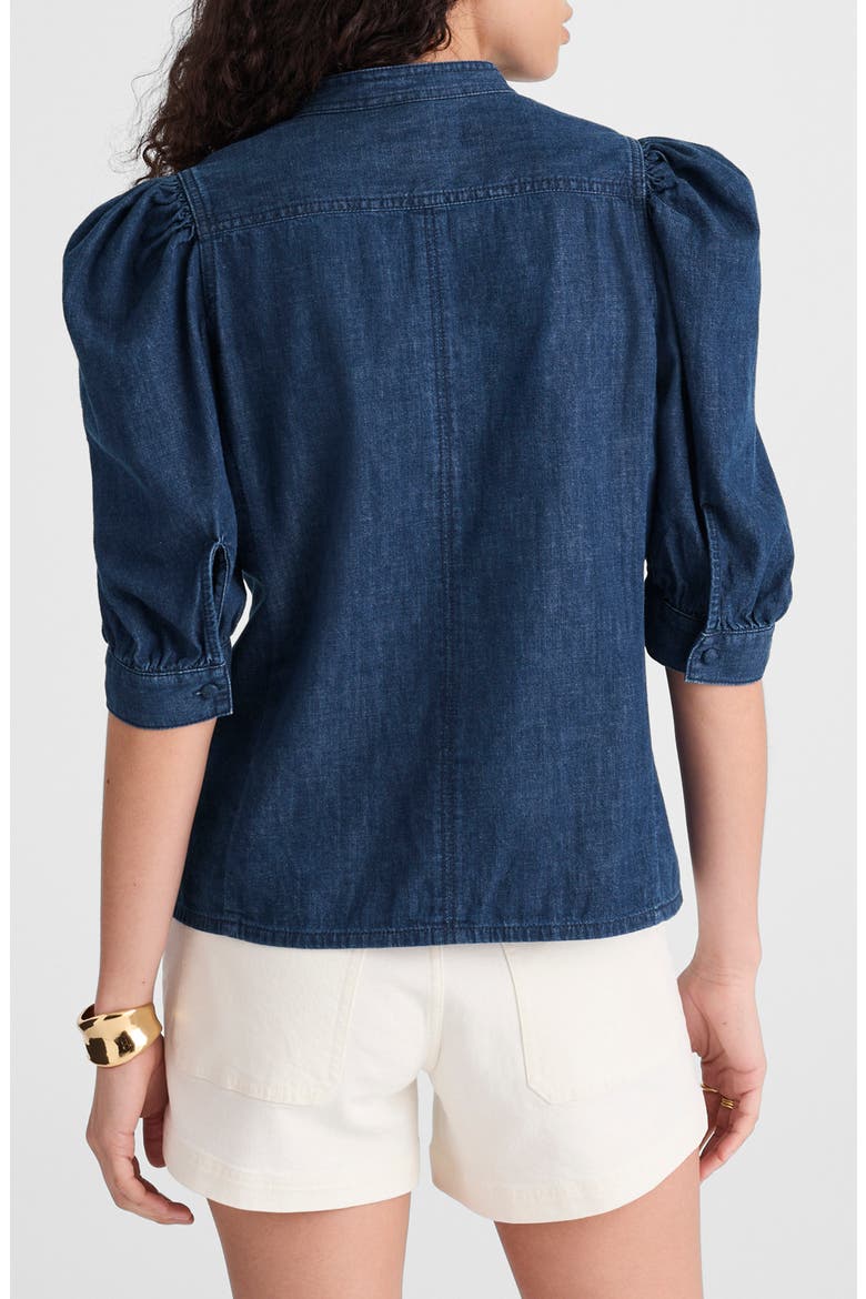 Denim Puff Sleeve Band Collar Shirt, Alternate, color, PLUMVILLE WASH
