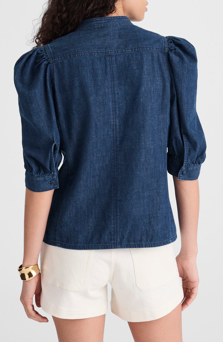 Denim Puff Sleeve Band Collar Shirt
