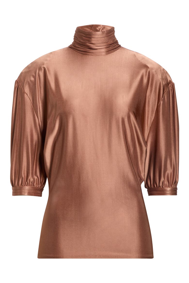 Puff Sleeve Ruched Mock Neck Top, Alternate, color, NEW CARAMEL