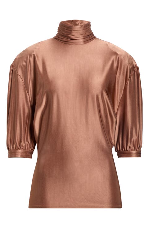 Puff Sleeve Ruched Mock Neck Top