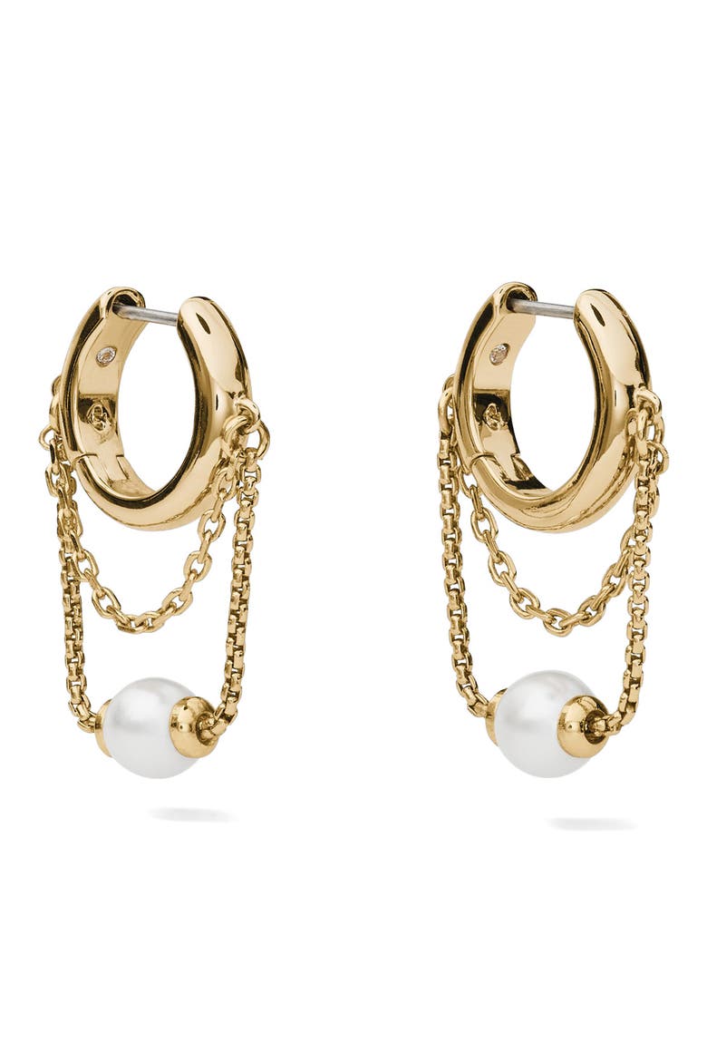 chain reaction faux pearl huggie hoop earrings, Main, color, CREAM.