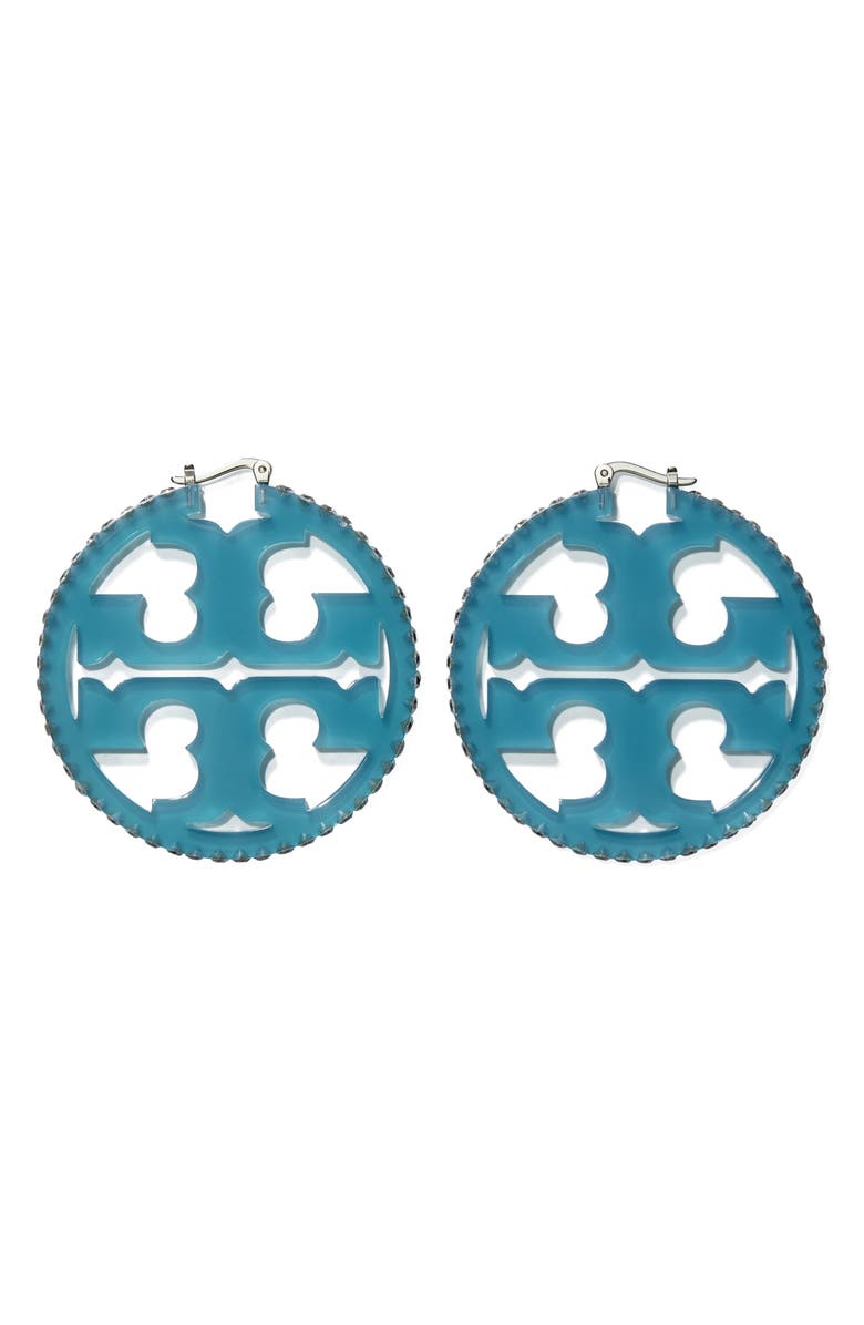 Tory Burch Miller Crystal Resin Hoop Earrings, Main, color, 