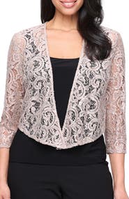 Alex Evenings Three-Quarter Sleeve Stretch Sequin Lace Coverup Jacket