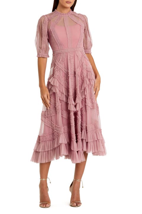Petite Illusion High Neck Tiered Ruffle A-Line Midi Dress