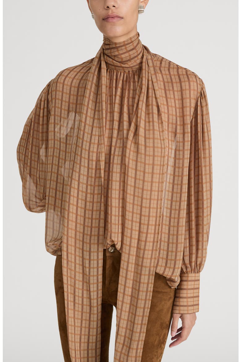 The Lantern Plaid Silk Top, Alternate, color, TAUPE MULTI PLAID