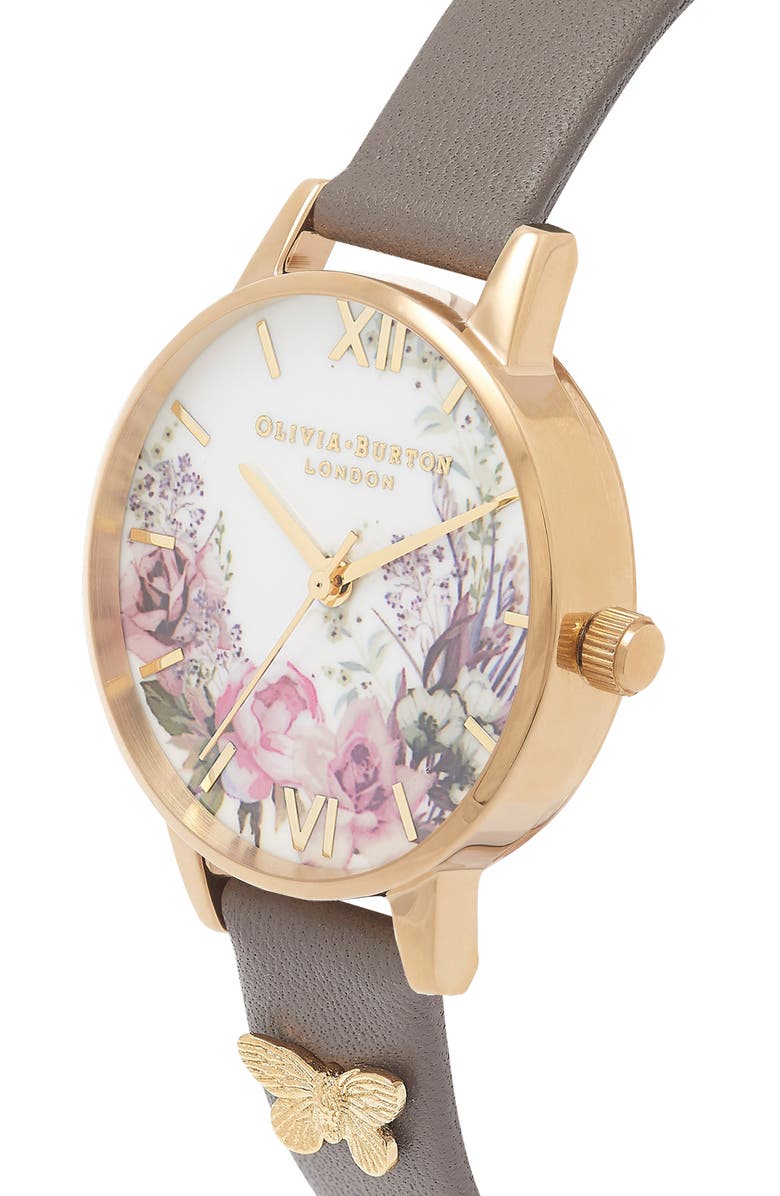 Olivia Burton Enchanted Garden Leather Strap Watch, 30mm, Alternate, color, 