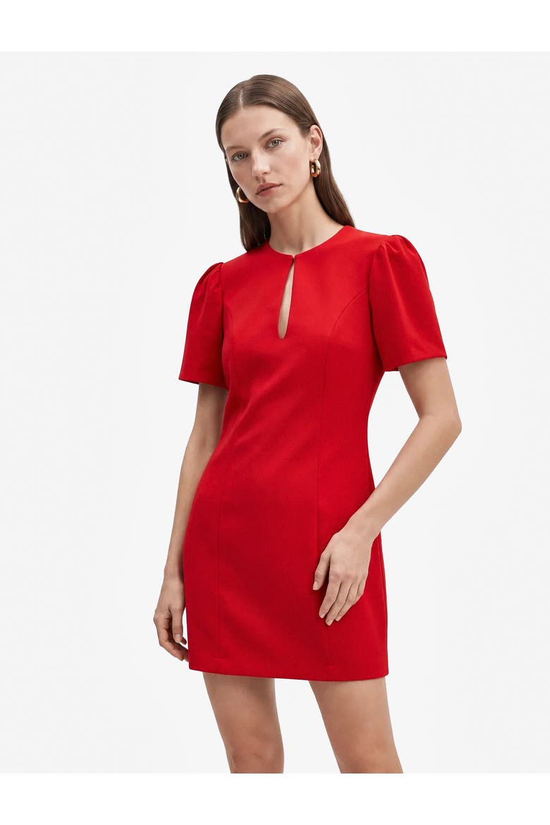 Short Puff Sleeve Crew Neck Mini Dress with Keyhole Detail, Alternate, color, RED