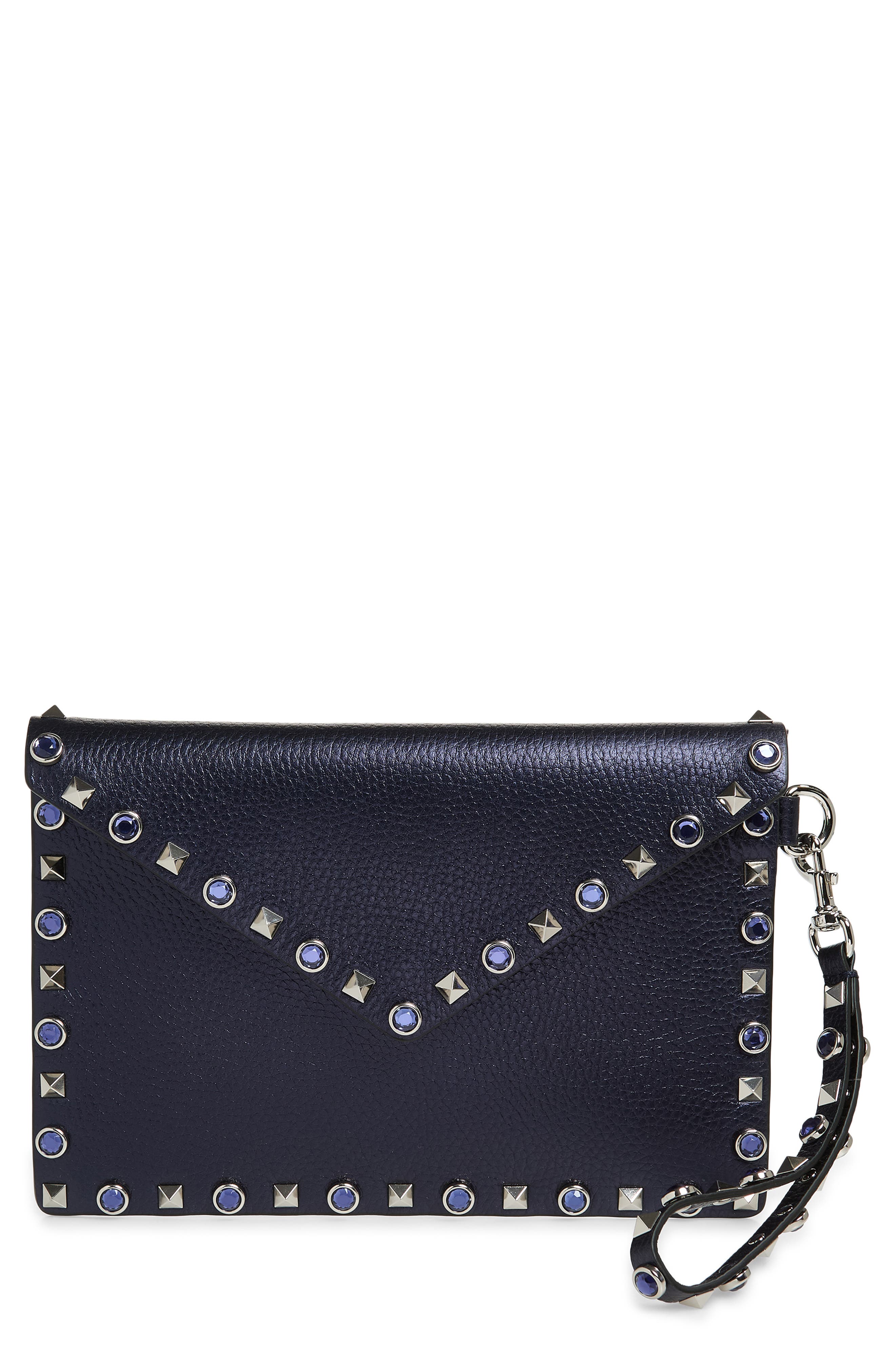 Valentino Garavani Medium Rockstud Flat Leather Wristlet Envelope Pouch, Main, color, Navy