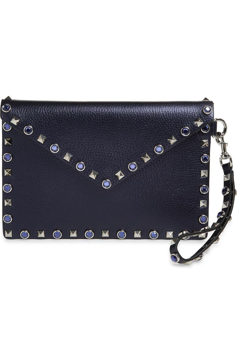 Valentino Garavani Medium Rockstud Flat Leather Wristlet Envelope Pouch, Main, color, Navy