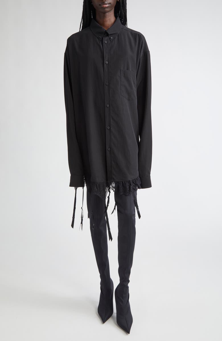 Balenciaga Lingerie Lace Trim Poplin Button-Down Shirt, Main, color, 