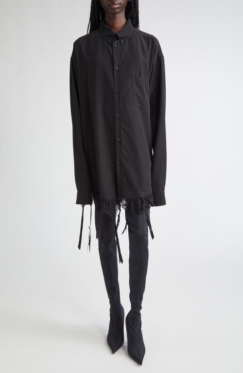 Balenciaga Lingerie Lace Trim Poplin Button-Down Shirt in 1000 Black at Nordstrom, Size 8 Us