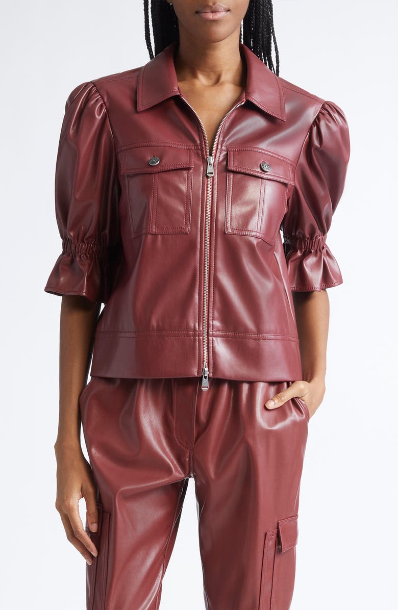 Cinq à Sept Holly Ruffle Faux Leather Jacket, Main, color, Wineberry