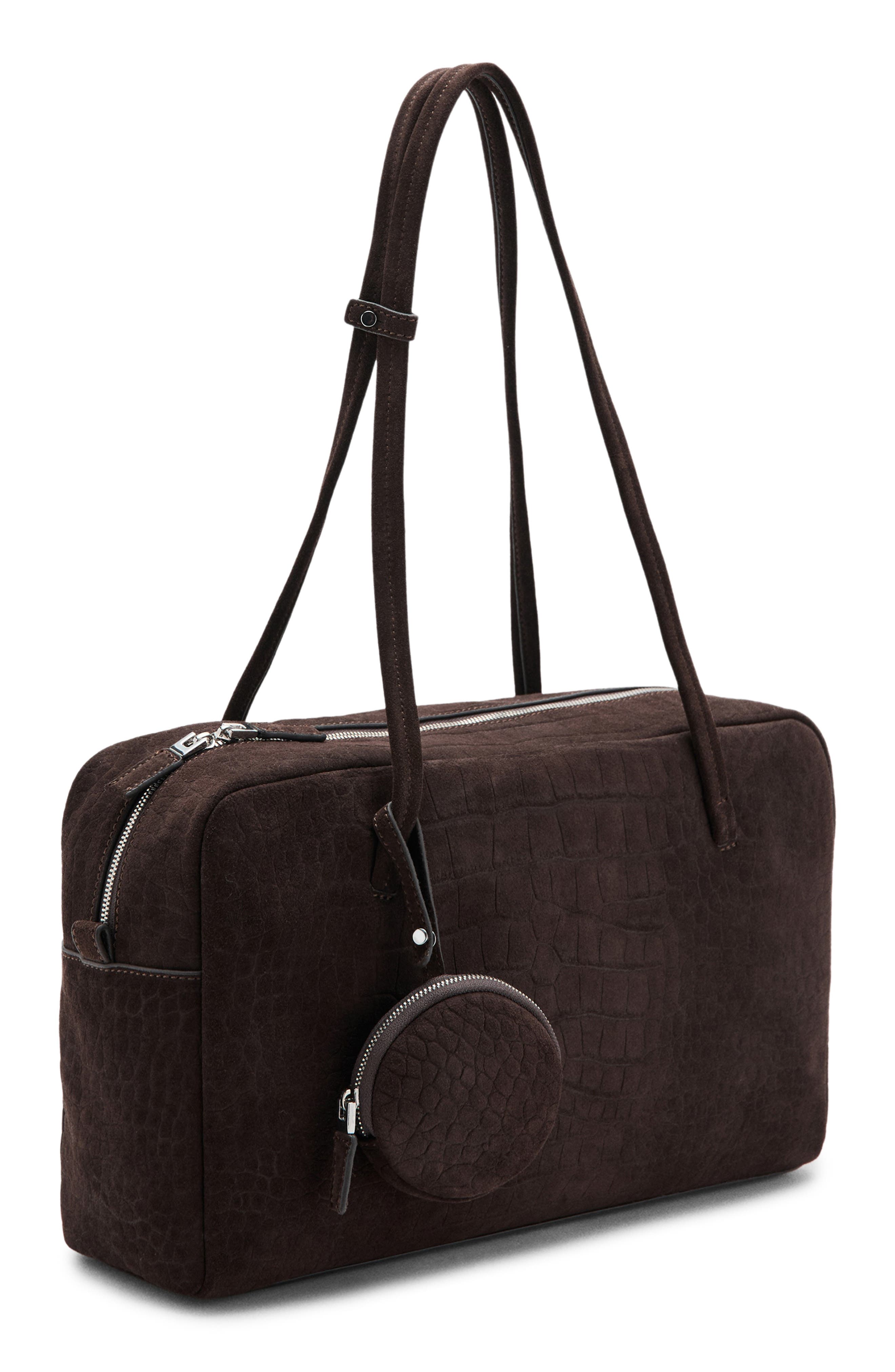 MANGO Medium Suede Bowling Bag, Main, color, Chocolate
