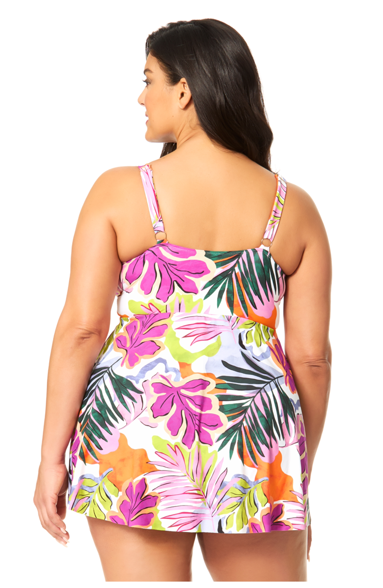 Anne Cole Plus Women's Plus Mod Tropical Swim Dress With Skirted Bottom, Alternate, color, Mod Tropical