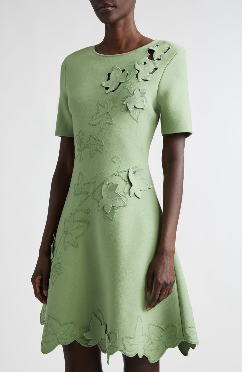 Oscar de la Renta Ivy Detail Stretch Knit Fit & Flare Dress, Alternate, color, Green