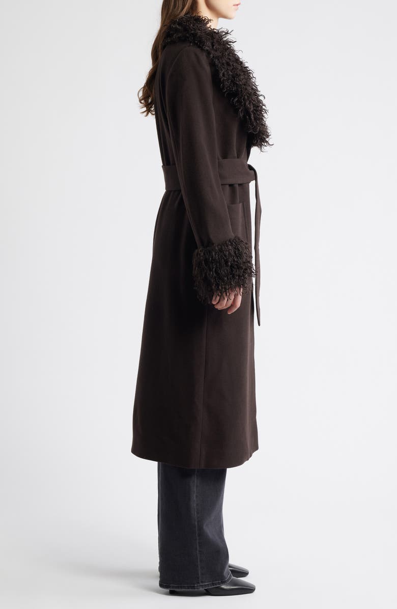 & Other Stories Faux Fur Trim Belted Recycled Wool Blend Coat, Alternate, color, Brown Dark