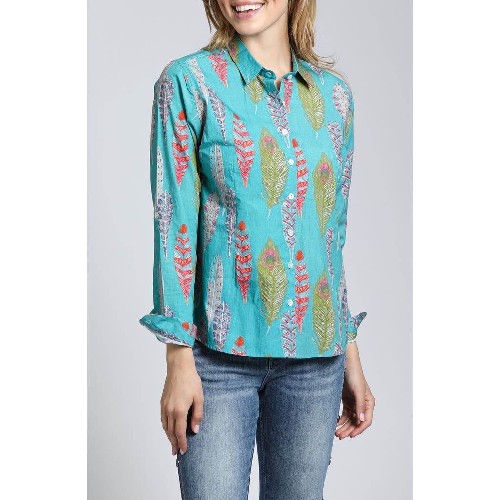 Apny Print Poplin Button-up Shirt In Turquoise Multi