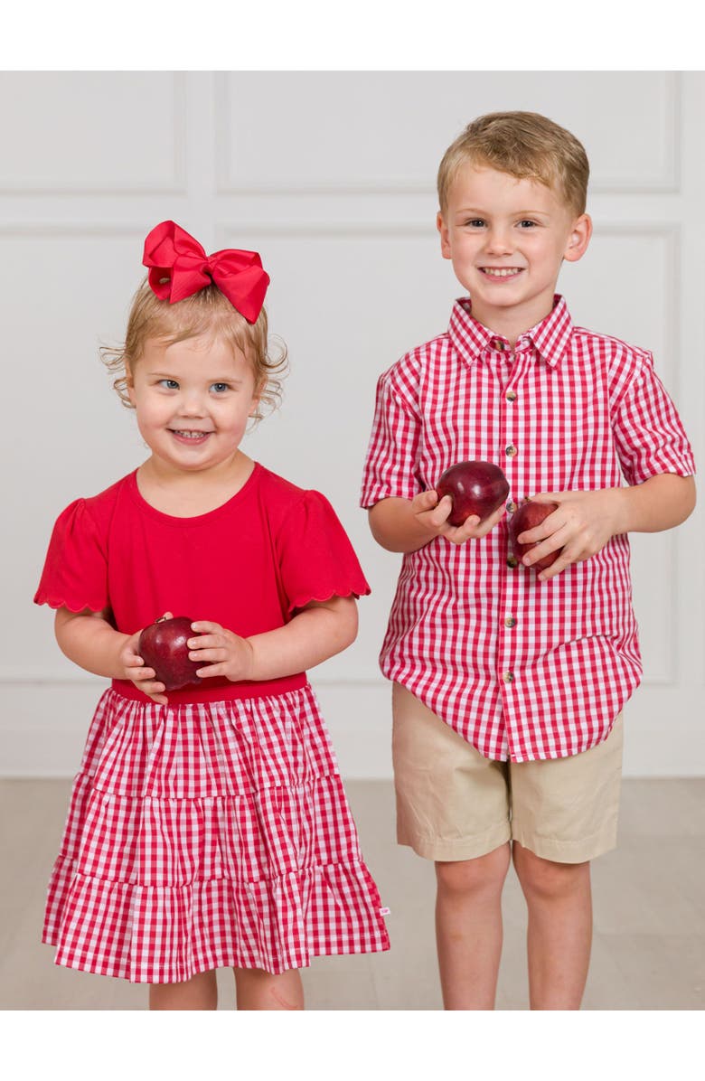 RuffleButts Mixed Media Short Sleeve Tiered Dress, Alternate, color, Classic Red Gingham