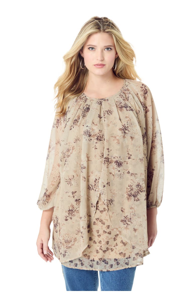 Roaman's Blouson Sleeve Overlay Blouse, Main, color, New Khaki Garden