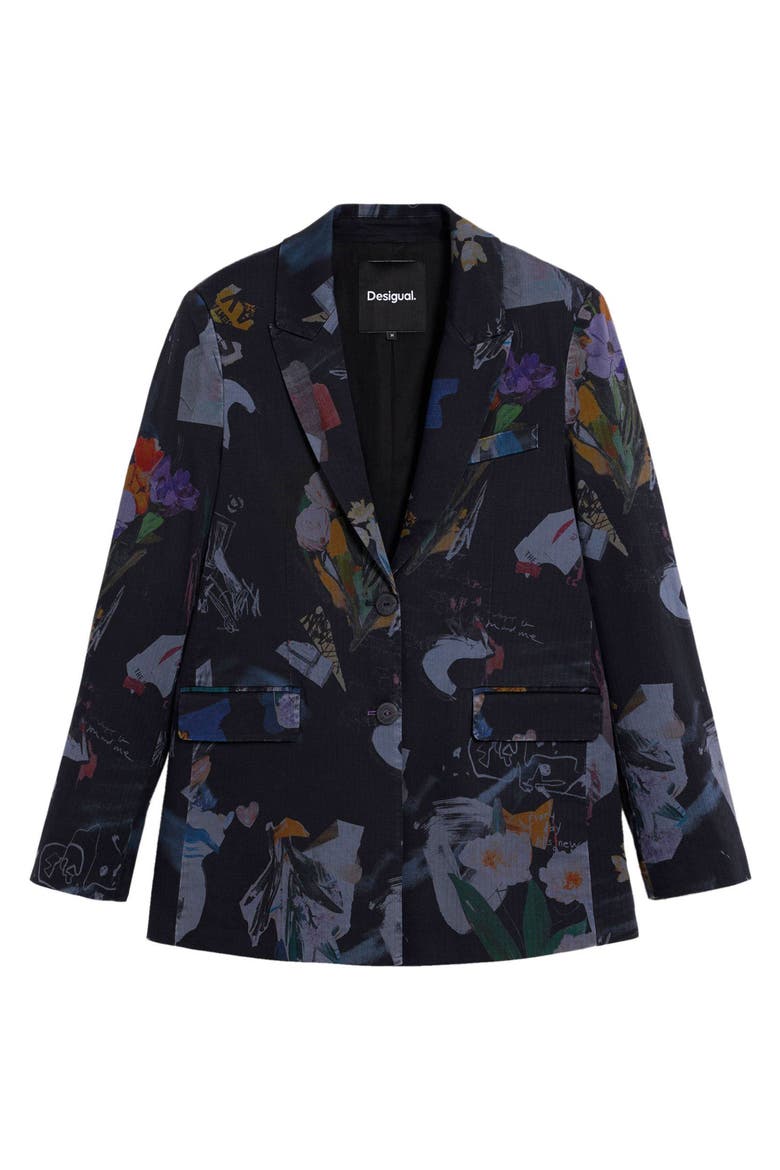 Graphic Floral Print Single Breasted Blazer, Alternate, color, BLACK