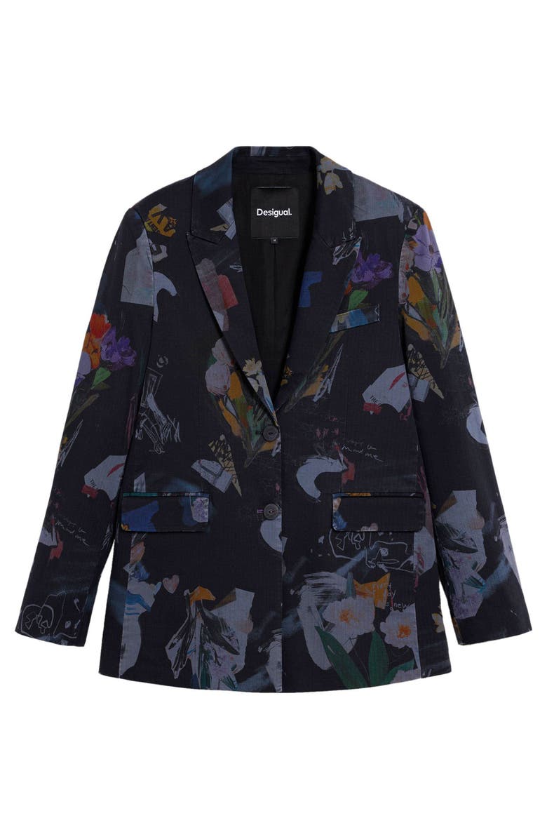 Desigual Graphic Floral Print Single Breasted Blazer, Alternate, color, Black