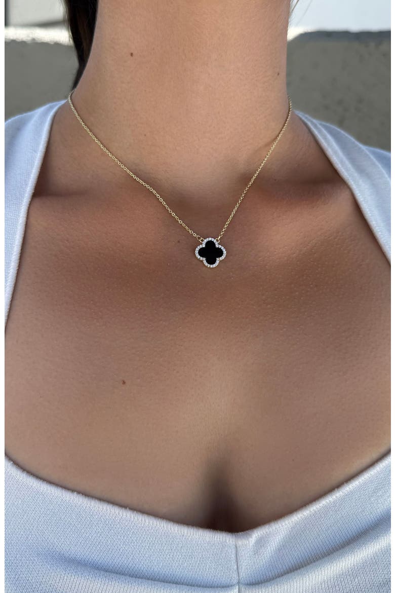 Cubic Zirconia Halo Black Clover Pendant Necklace, Alternate, color, GOLD-BLACK