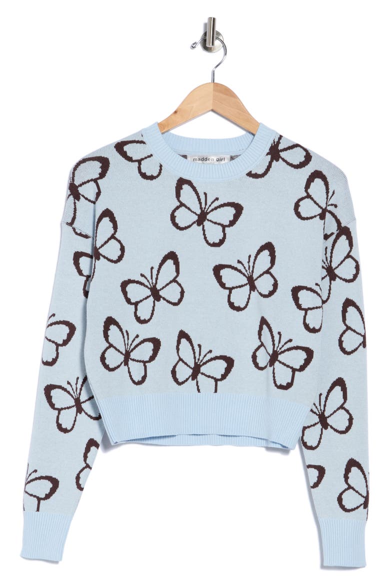 Butterfly Jacquard Pullover Sweater, Main, color, PALE BLUE COMBO