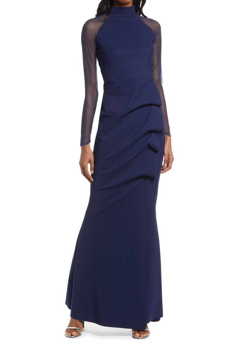 Maylys Illusion Mesh Mock Neck Trumpet Gown, Main, color, NAVY