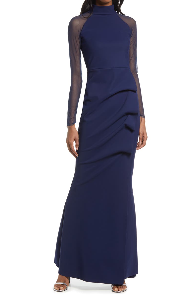 Chiara Boni La Petite Robe Maylys Illusion Mesh Mock Neck Trumpet Gown, Main, color,